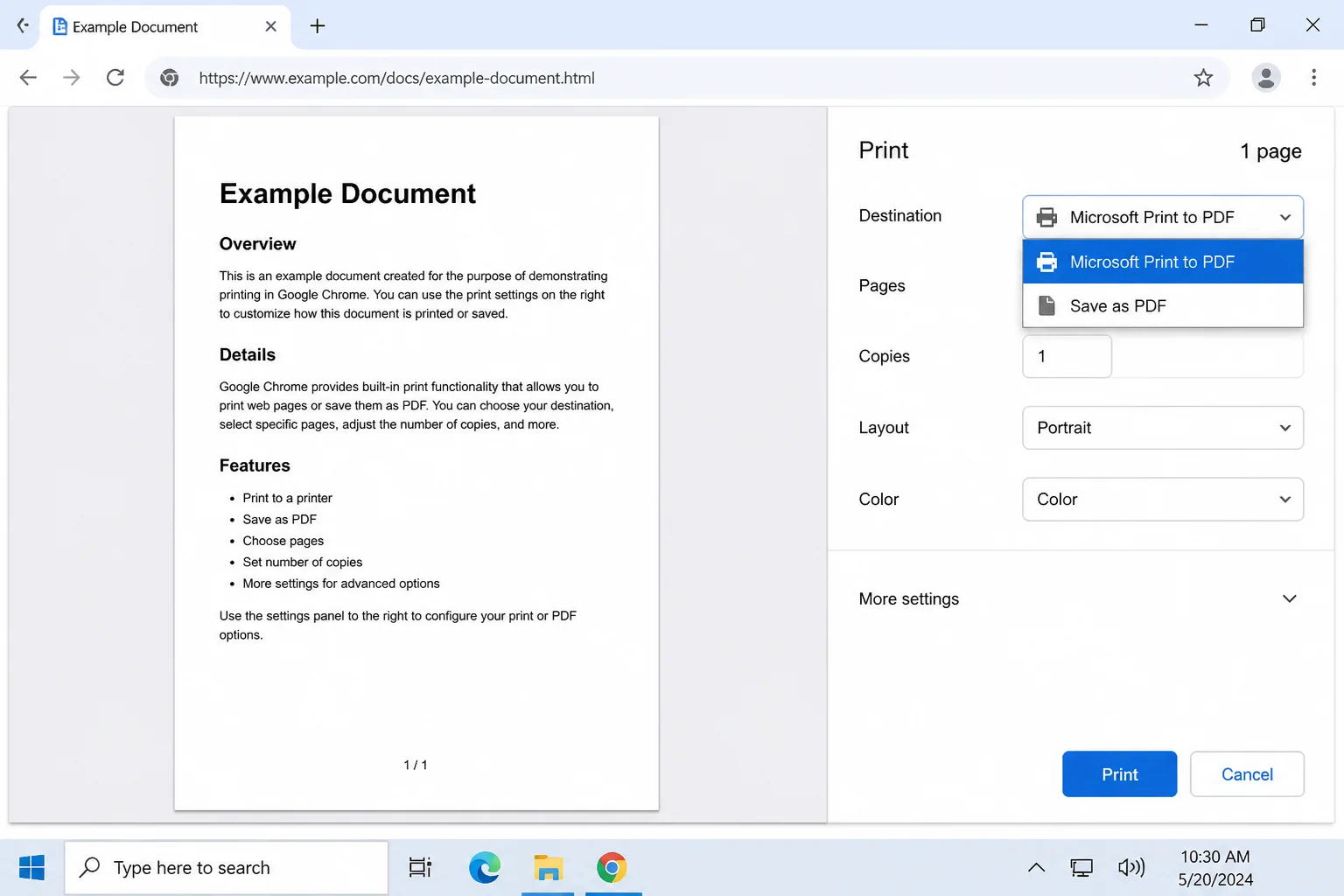 Browser print dialog with the destination/printer dropdown open, showing Microsoft Print to PDF or Save as PDF listed as an option