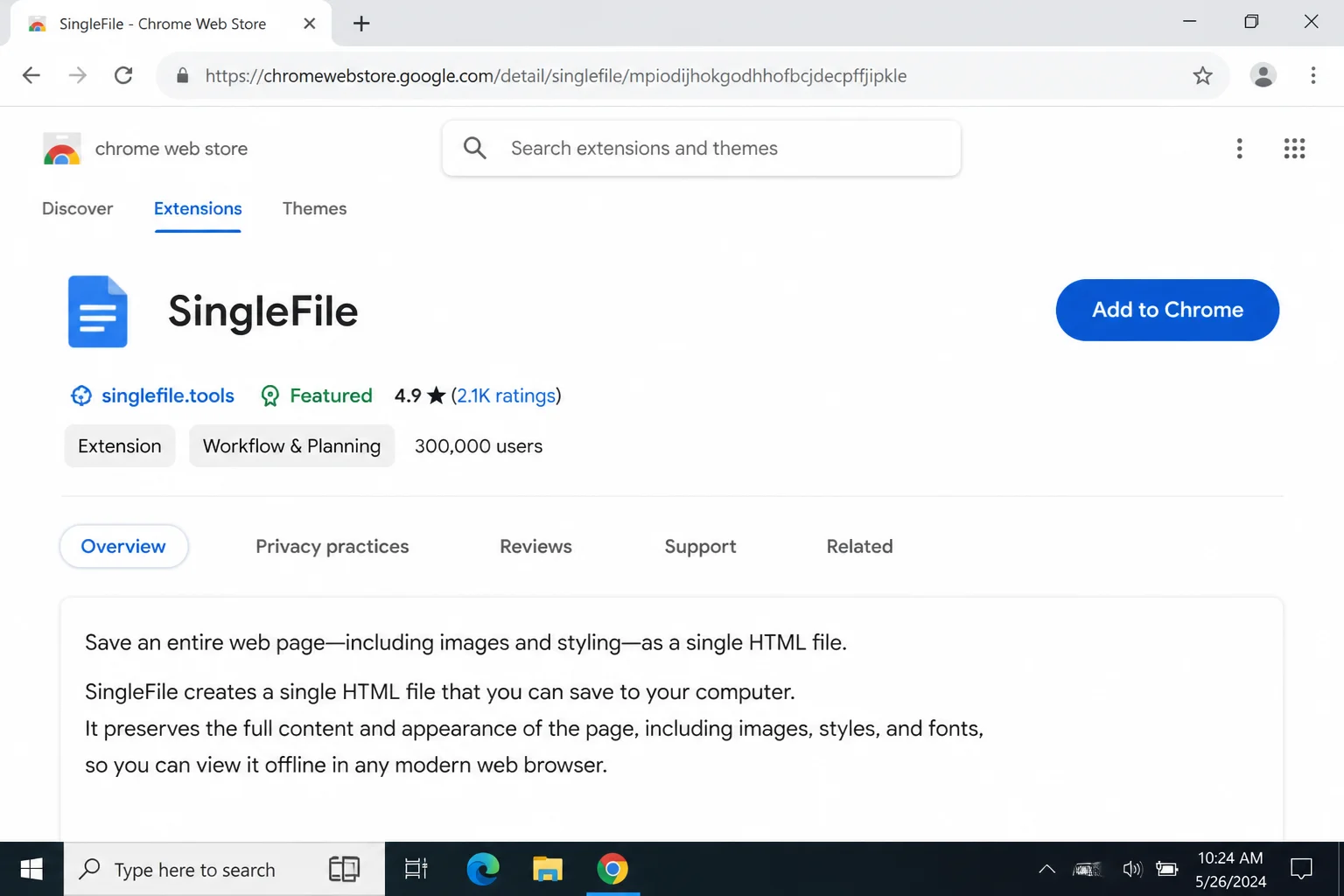 Browser extensions store search results page showing the SingleFile extension listing with its Add to Browser / Add to Firefox install button