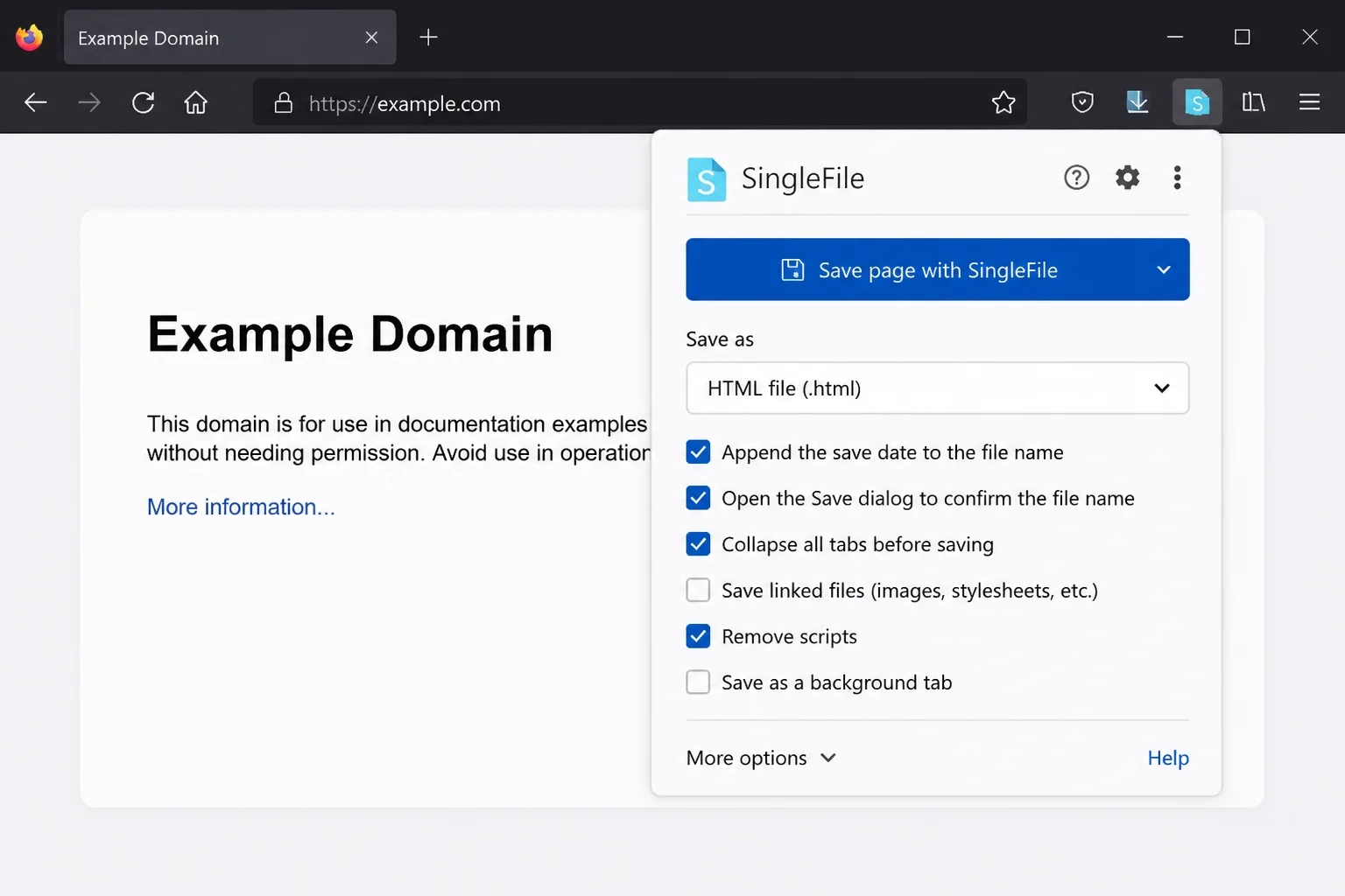SingleFile extension toolbar popup open on a webpage, showing the save button and quick save options