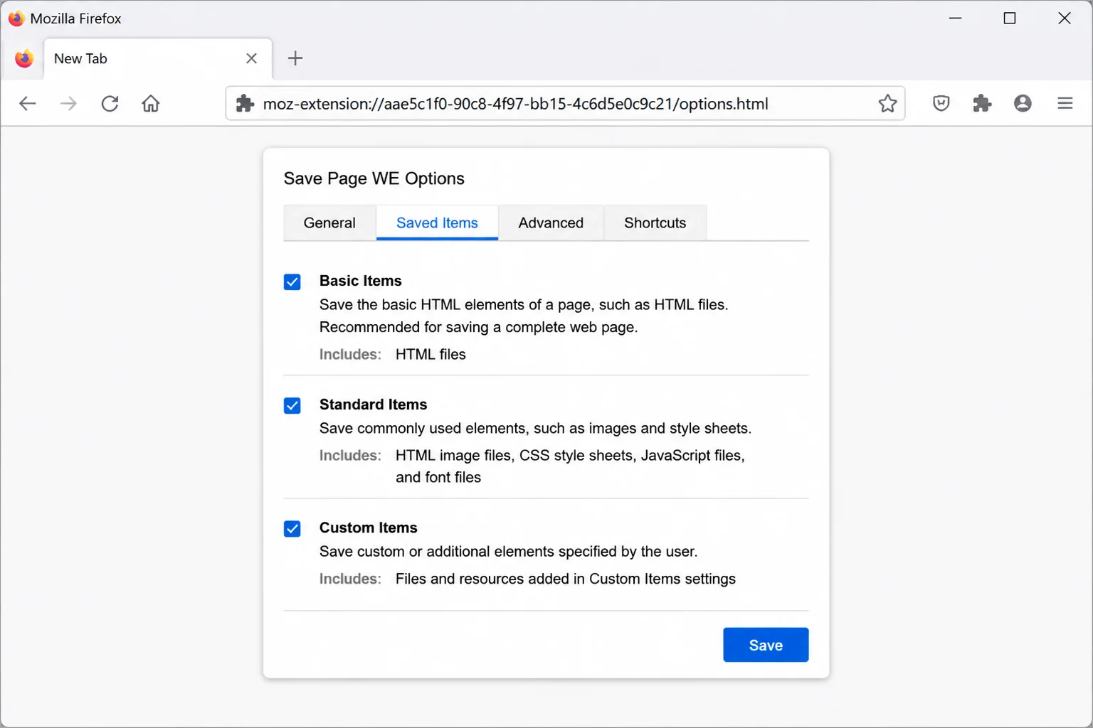 Save Page WE extension popup open on a webpage, showing its save button and format options