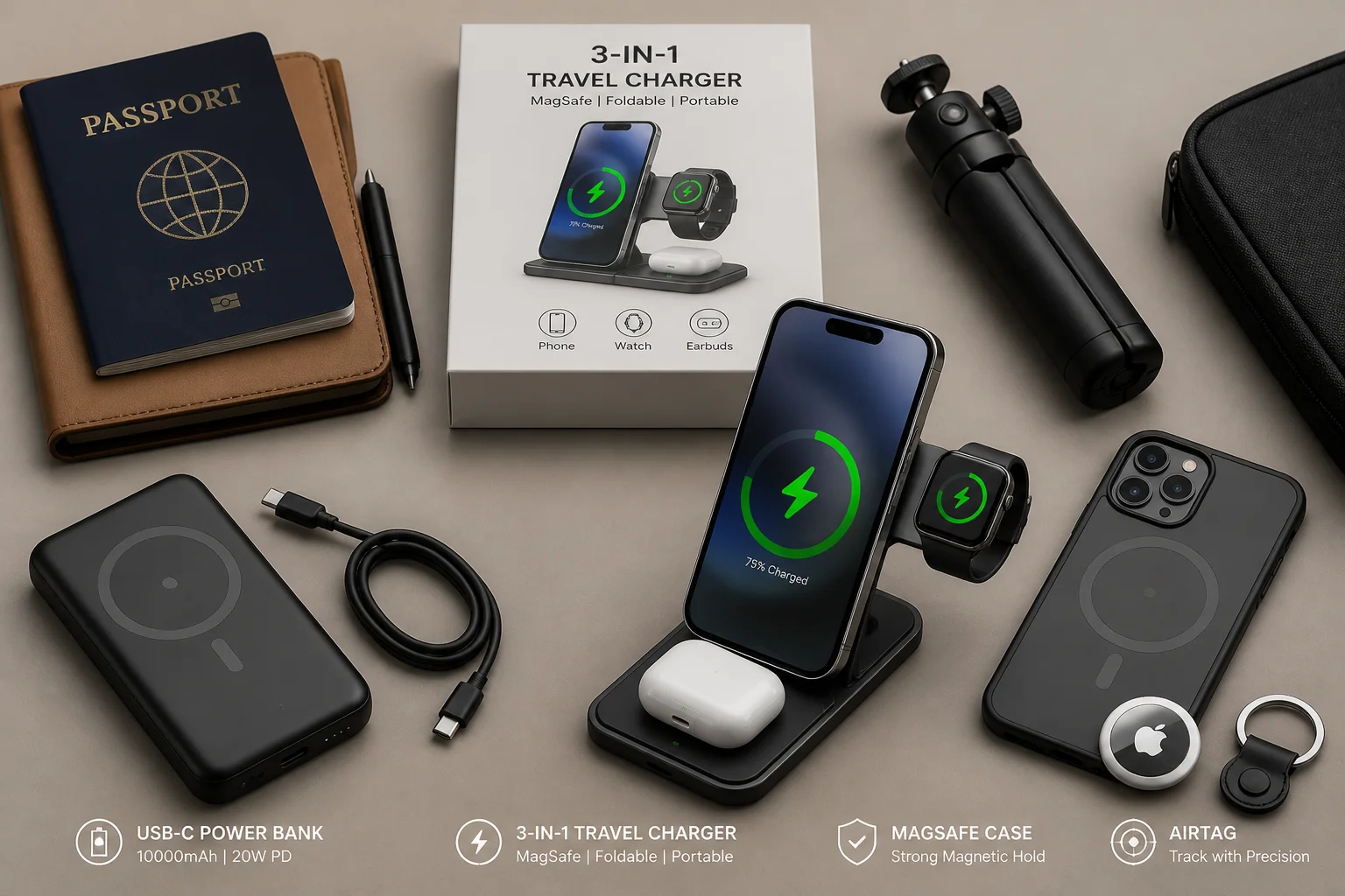 Flat lay photo of modern smartphone travel accessories including a GaN charger, USB-C power bank, MagSafe case, compact tripod, and AirTag on a neutral background