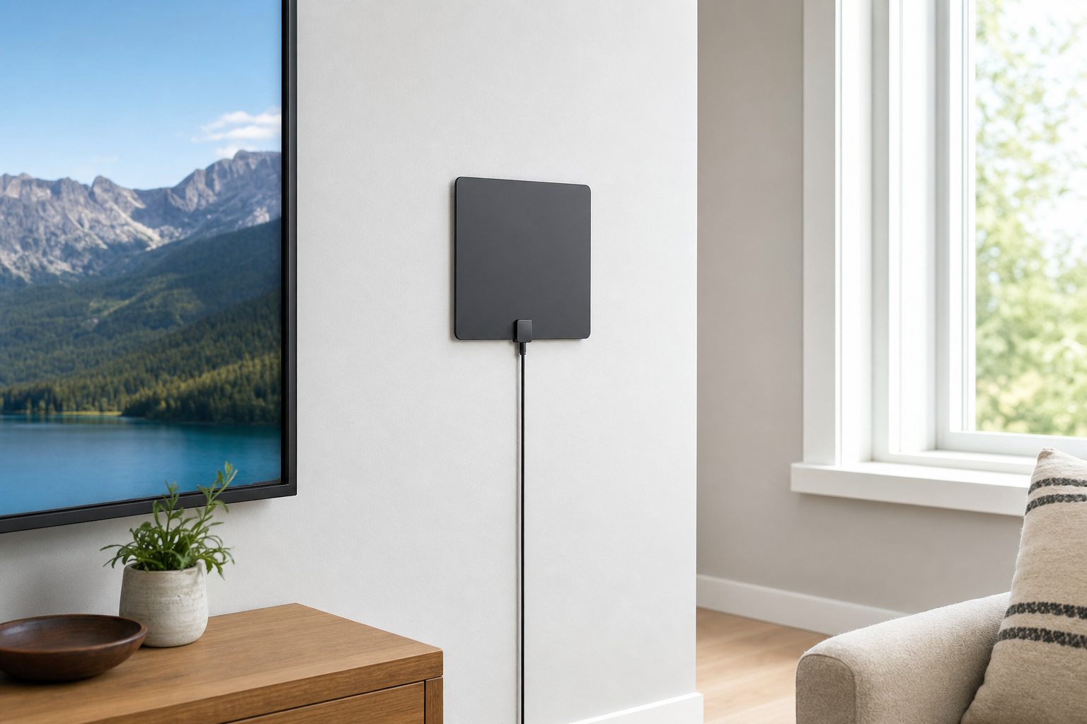 A modern flat indoor TV antenna mounted on a wall near a window with a smart TV visible in the background