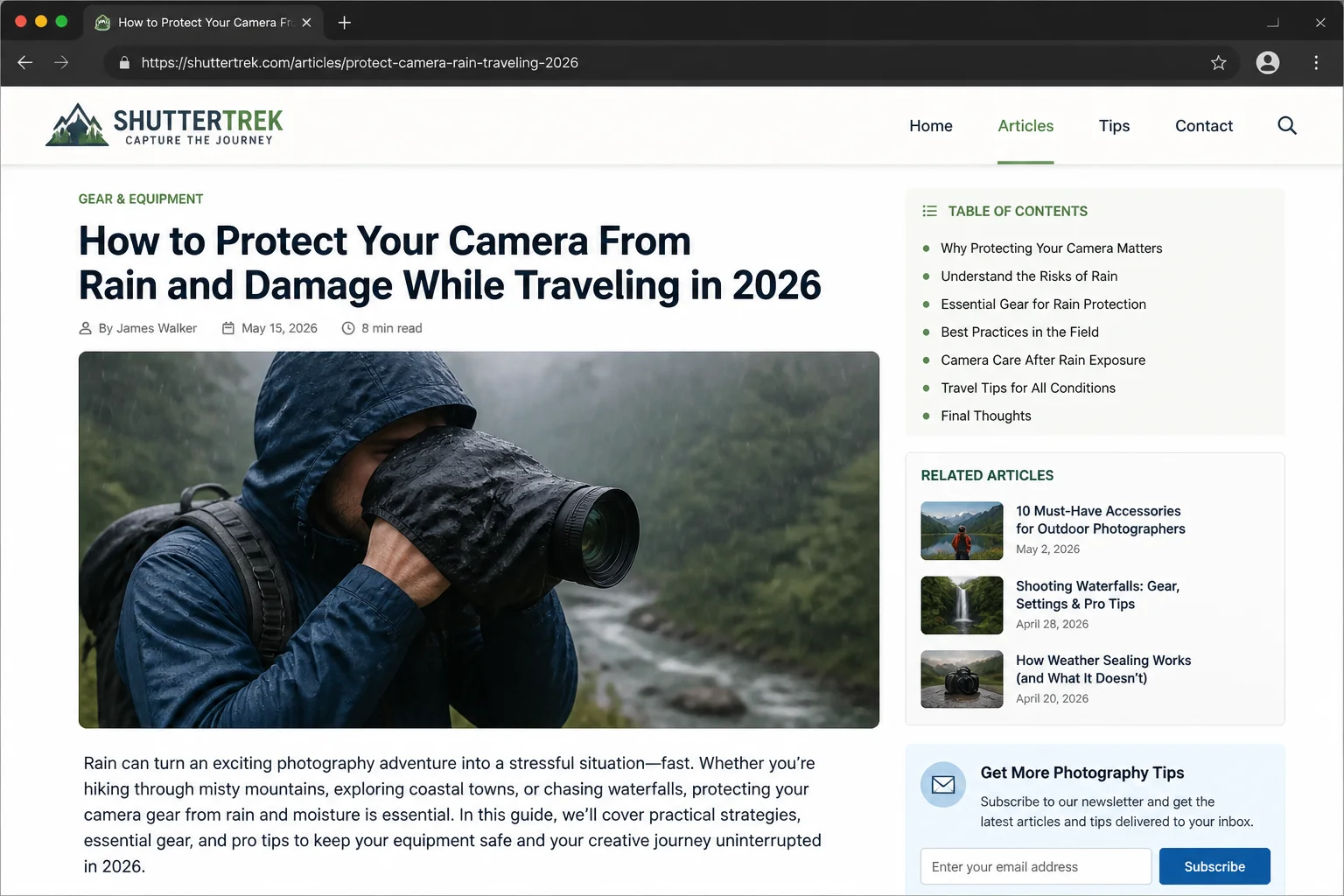 A photographer holding a camera under a rain cover while shooting outdoors in rainy weather, scenic landscape visible in the