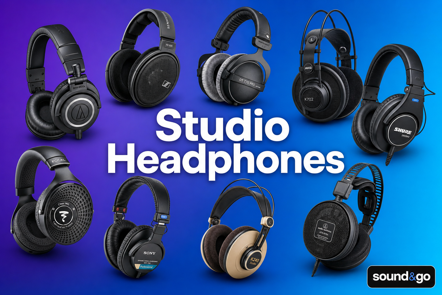 Collage or hero image showing a variety of studio headphones including open-back and closed-back models on a clean studio