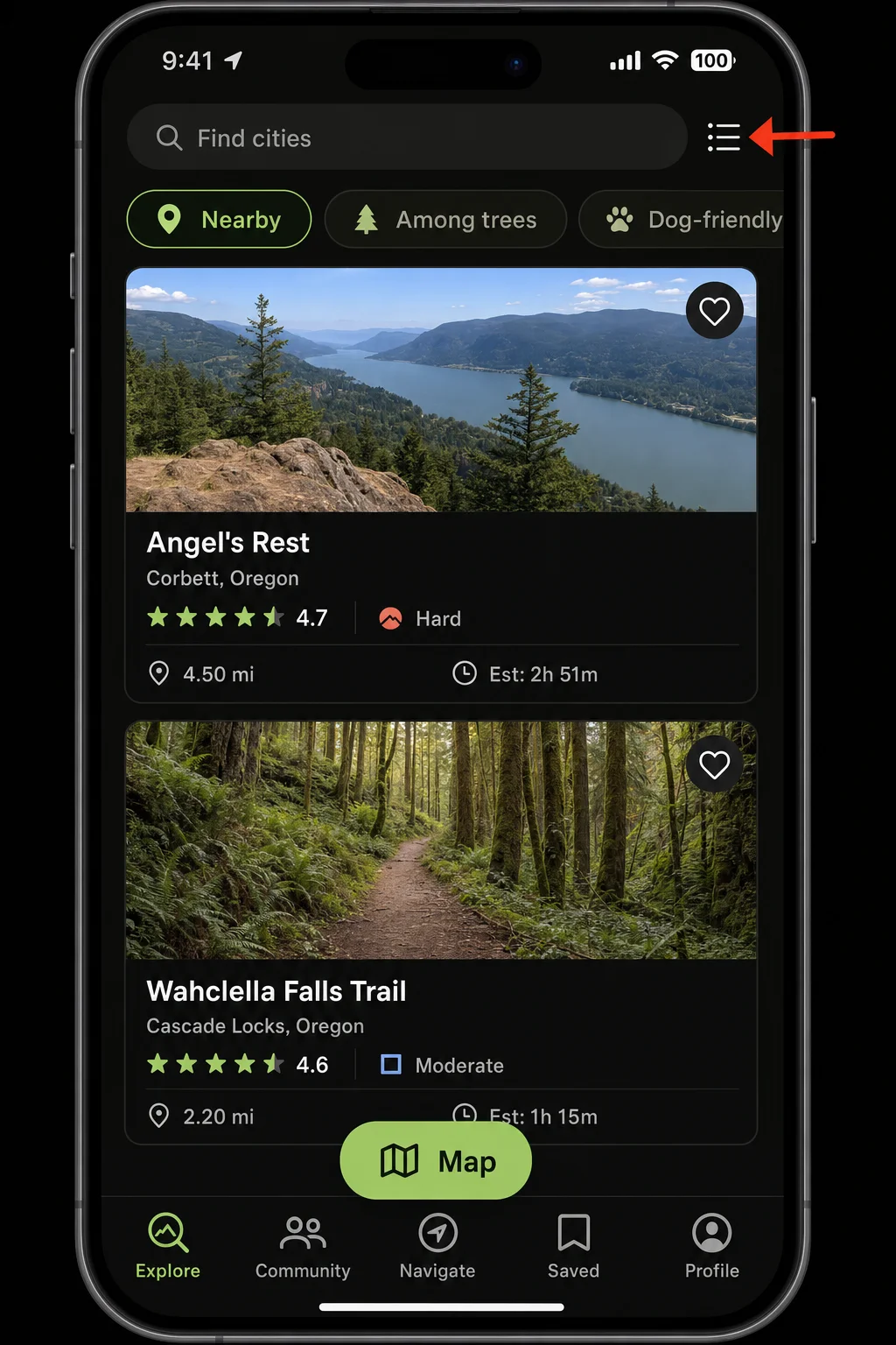 AllTrails Explore tab showing nearby trail results with filter options visible