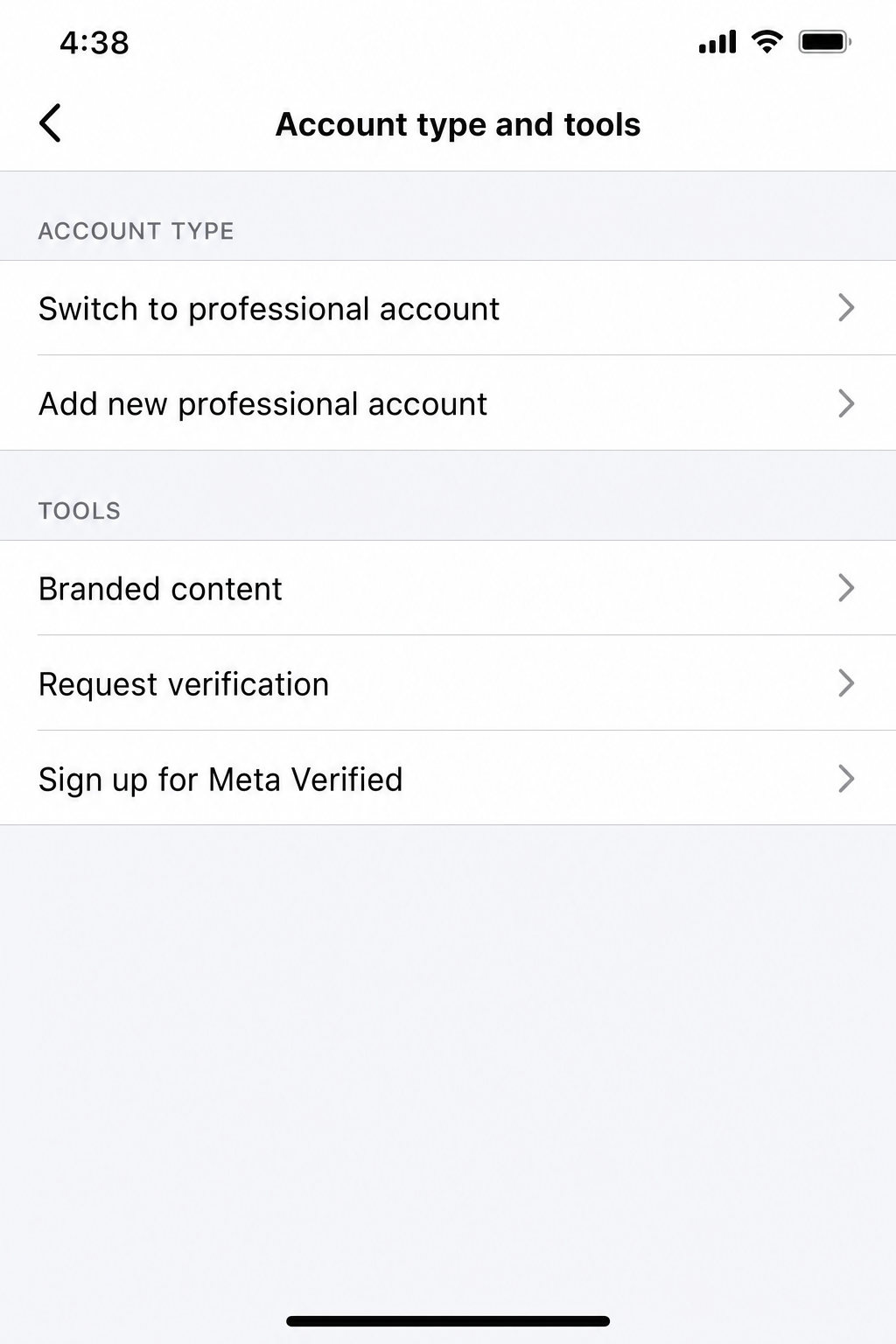 Instagram Settings and privacy > Account type and tools screen showing the Switch to professional account option