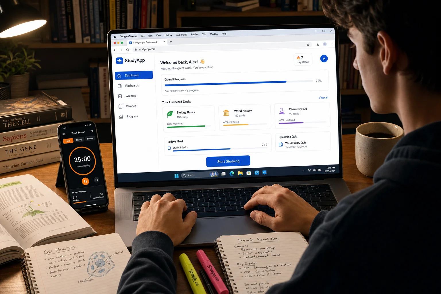 Student studying at a desk with a phone and laptop open showing study apps