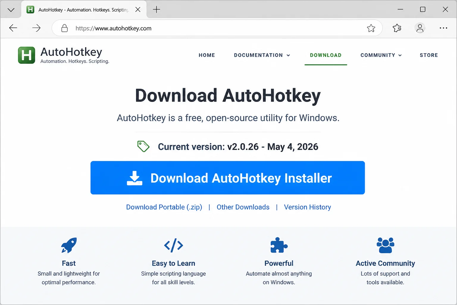 AutoHotkey download page showing the Download AutoHotkey Installer button with Current version v2.0.26, May 4, 2026