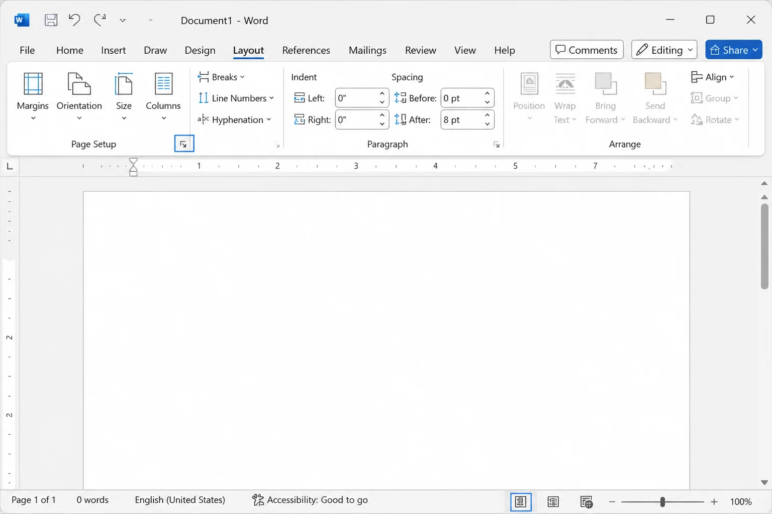 Microsoft Word Layout tab with the Page Setup group visible and the dialog box launcher arrow highlighted in the