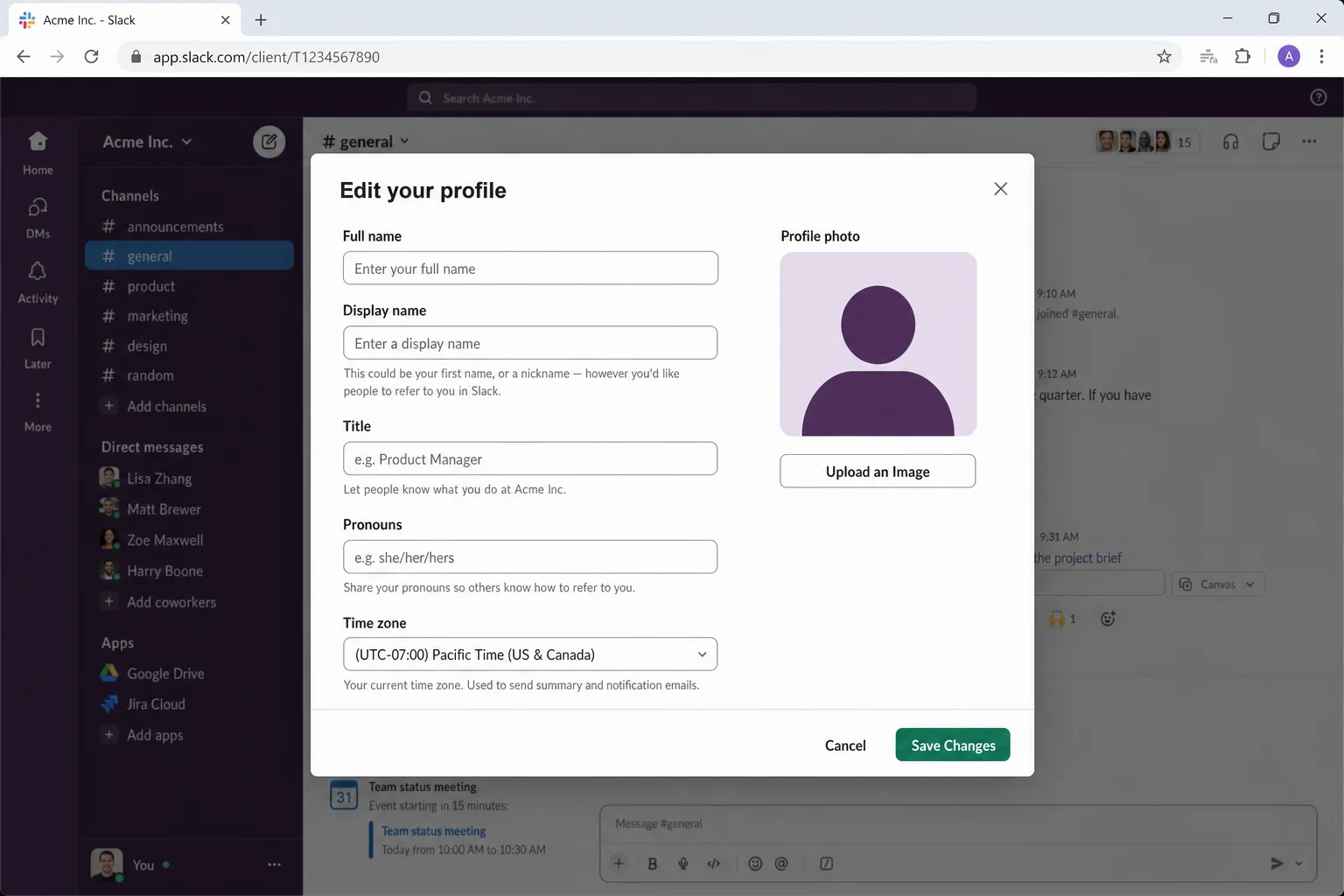 Slack Edit Profile panel open with Full name, Display name, Title, Time zone, and Pronouns fields visible