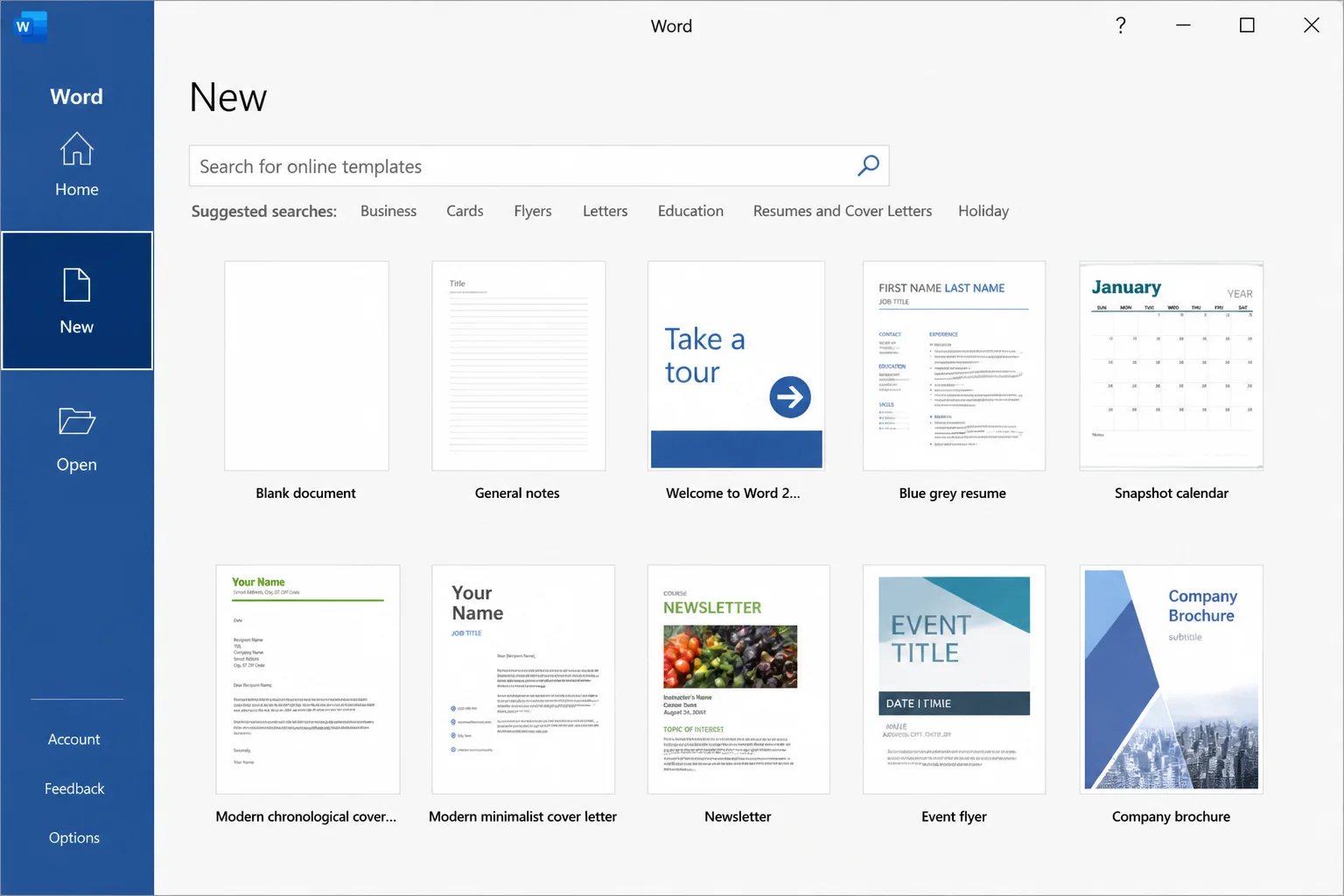 Word home screen with the New option selected and the template search bar visible at the top