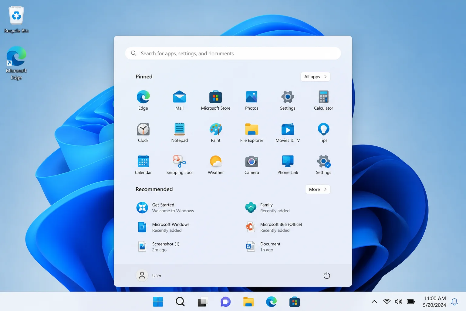 Windows 11 desktop showing the Start menu and taskbar with a clean, customized appearance