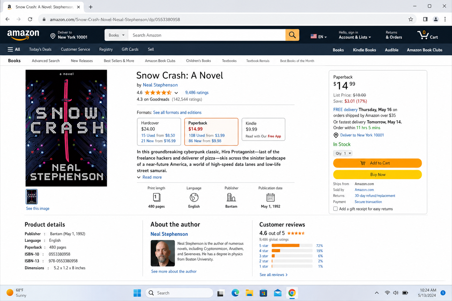 Snow Crash book cover displayed on Amazon product page