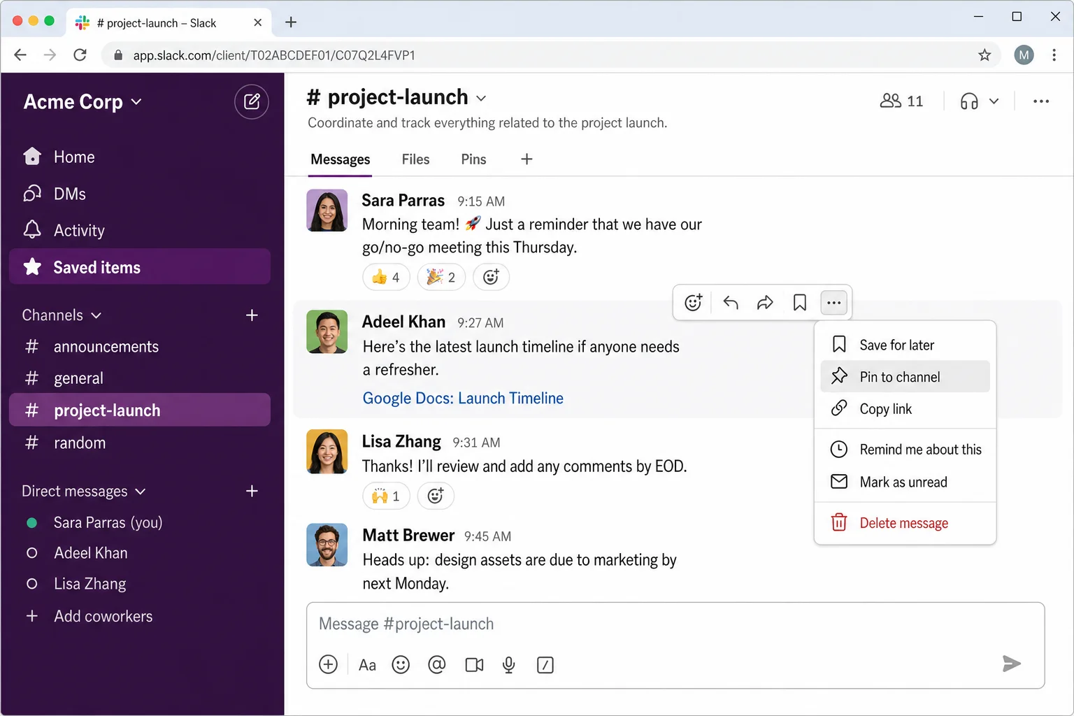 Slack message with More actions menu open showing Pin to channel option, and the Saved items section visible in the left