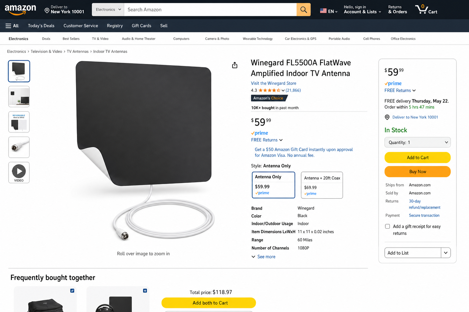 Product photo of the Winegard FL5500A FlatWave Amplified indoor TV antenna showing its flat panel and coax cable