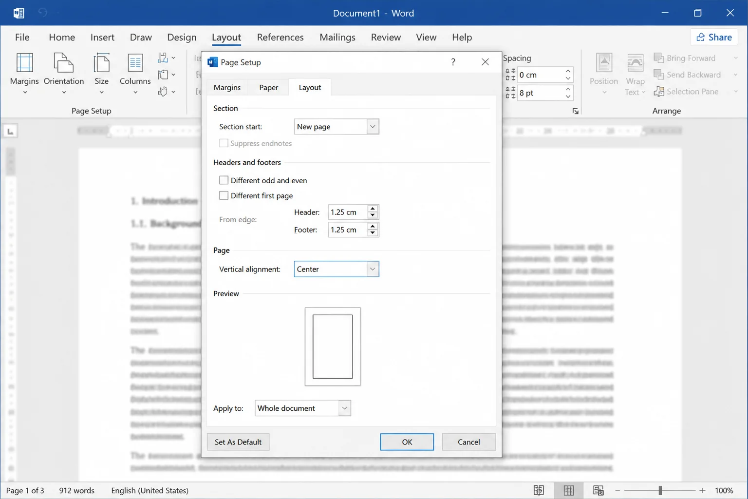 Word Layout dialog open on the Position tab, with horizontal alignment settings configured to center a vertical fold guide
