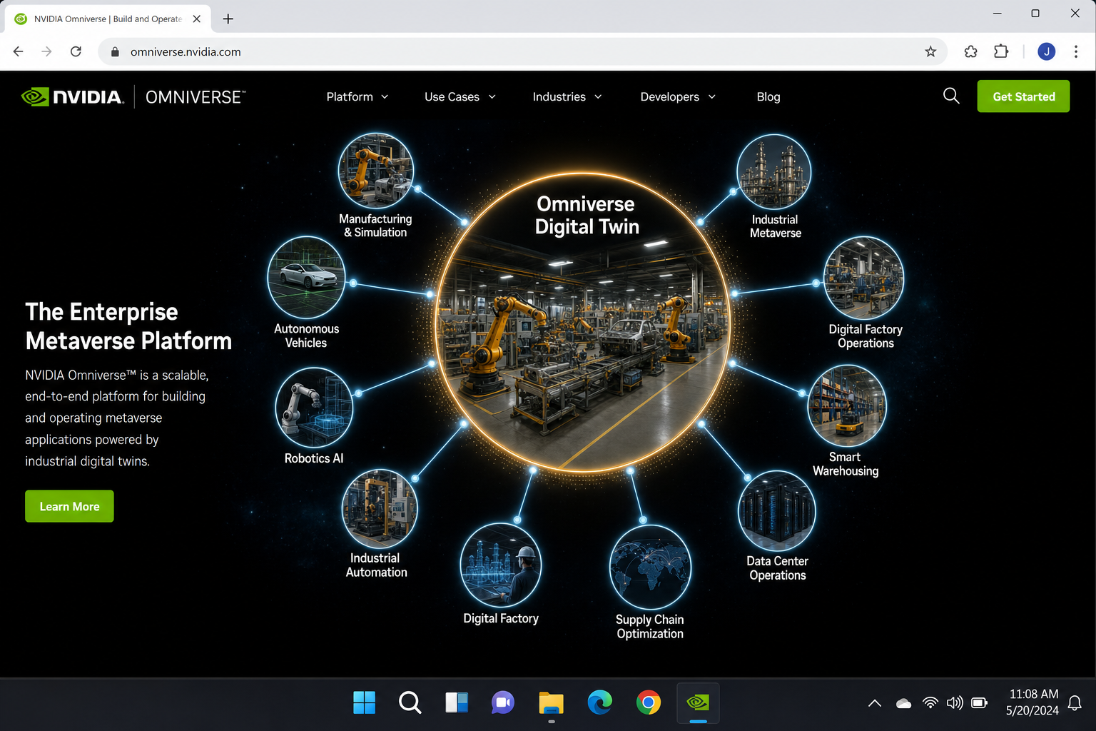 NVIDIA Omniverse homepage showing industrial digital twin use cases and enterprise metaverse applications