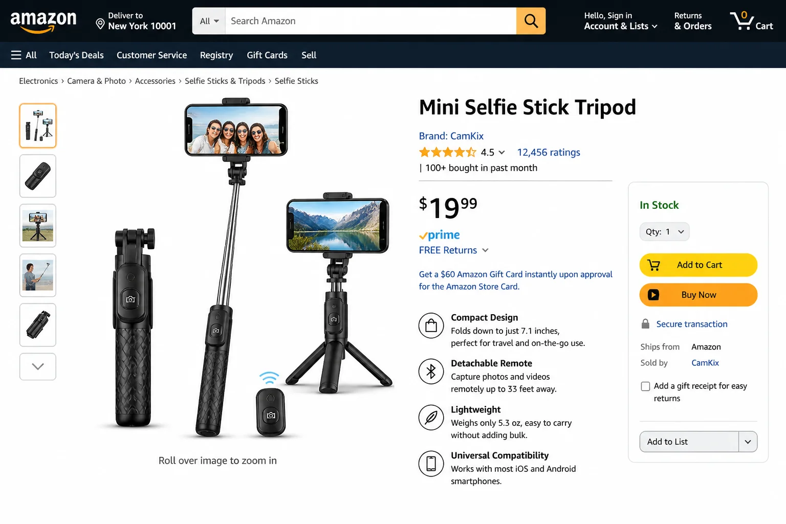 Compact grip tripod shown in three configurations: collapsed handheld grip, extended selfie stick, and folded out as a mini tripod on a surface, with a smartphone mounted in the clamp
