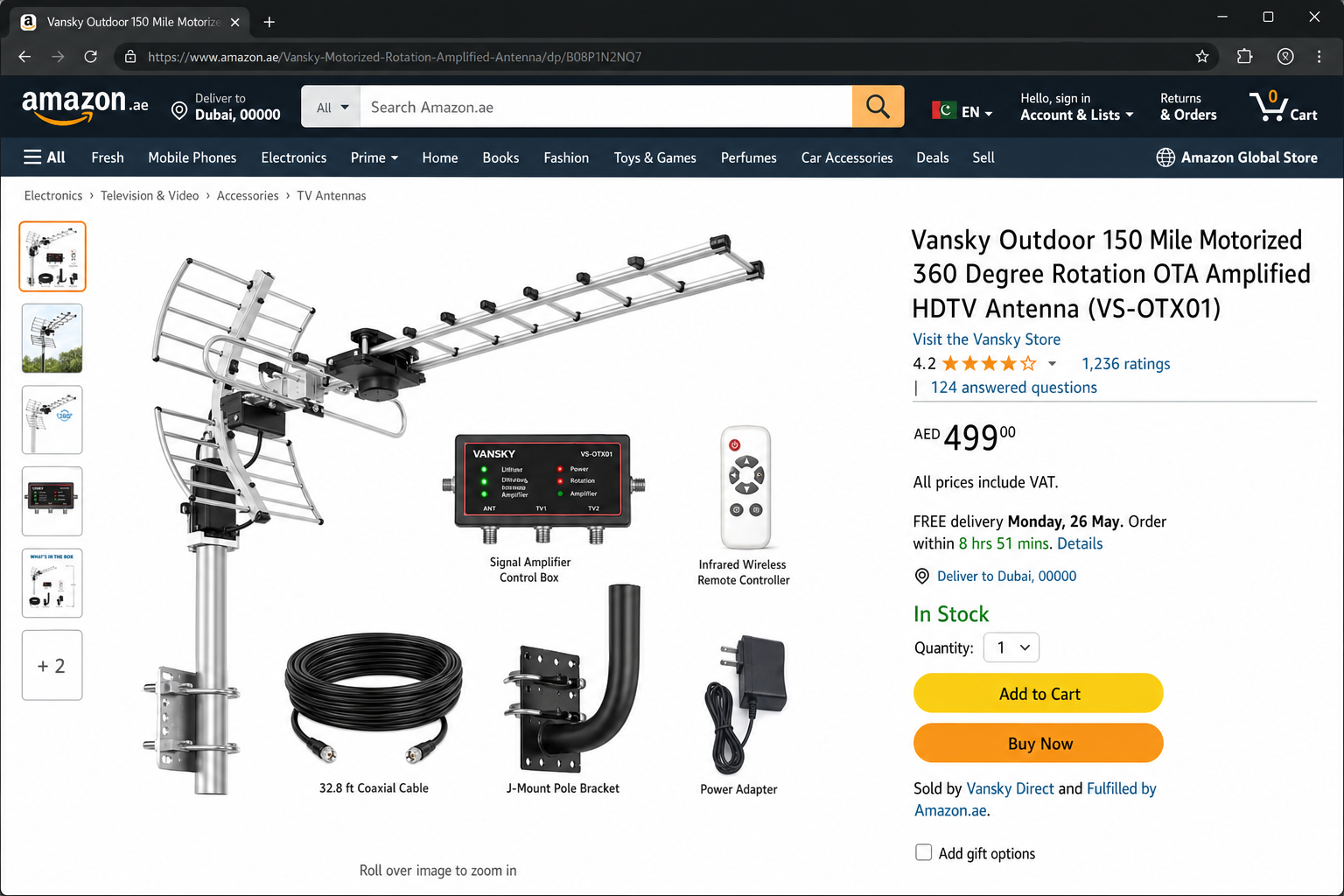 Product photo of the Vansky Outdoor Amplified HDTV Antenna showing its motorized mount and infrared remote controller
