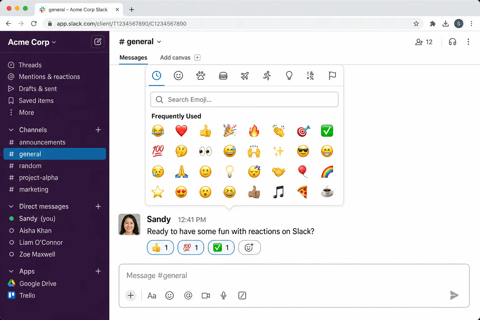 Slack message showing multiple emoji reactions below it, with the emoji picker open