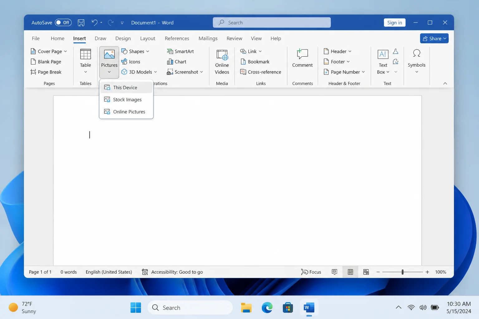Word Insert tab with the Pictures dropdown open, showing "This Device" and "Stock Images" as available options