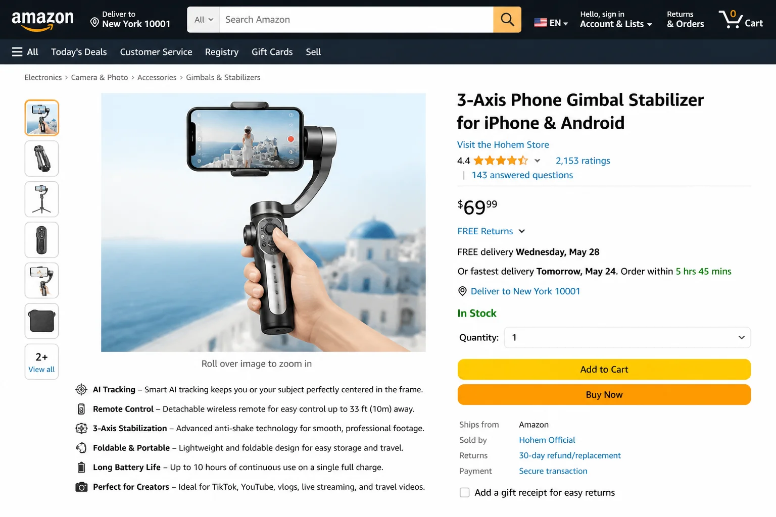 3-axis smartphone gimbal stabilizer with a phone mounted, shown being held in one hand against a travel backdrop like a city street or landmark