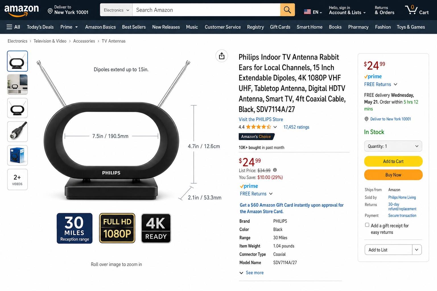 Product photo of the Philips Modern Loop Rabbit Ears Indoor TV Antenna showing its adjustable dipole design and weighted base
