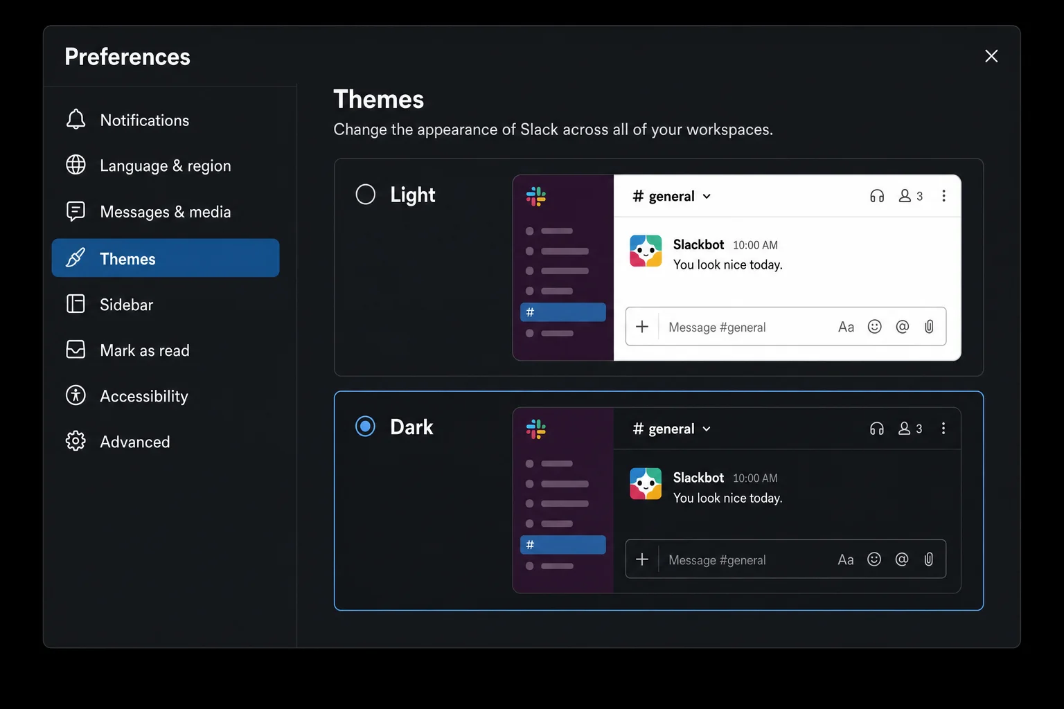 Slack Preferences panel open on the Themes tab, showing light and dark theme options
