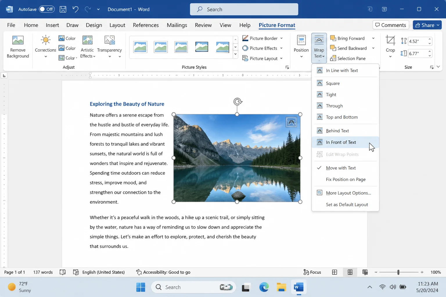Word Picture Format tab with the Wrap Text dropdown open and "In Front of Text" selected, with the image now positioned