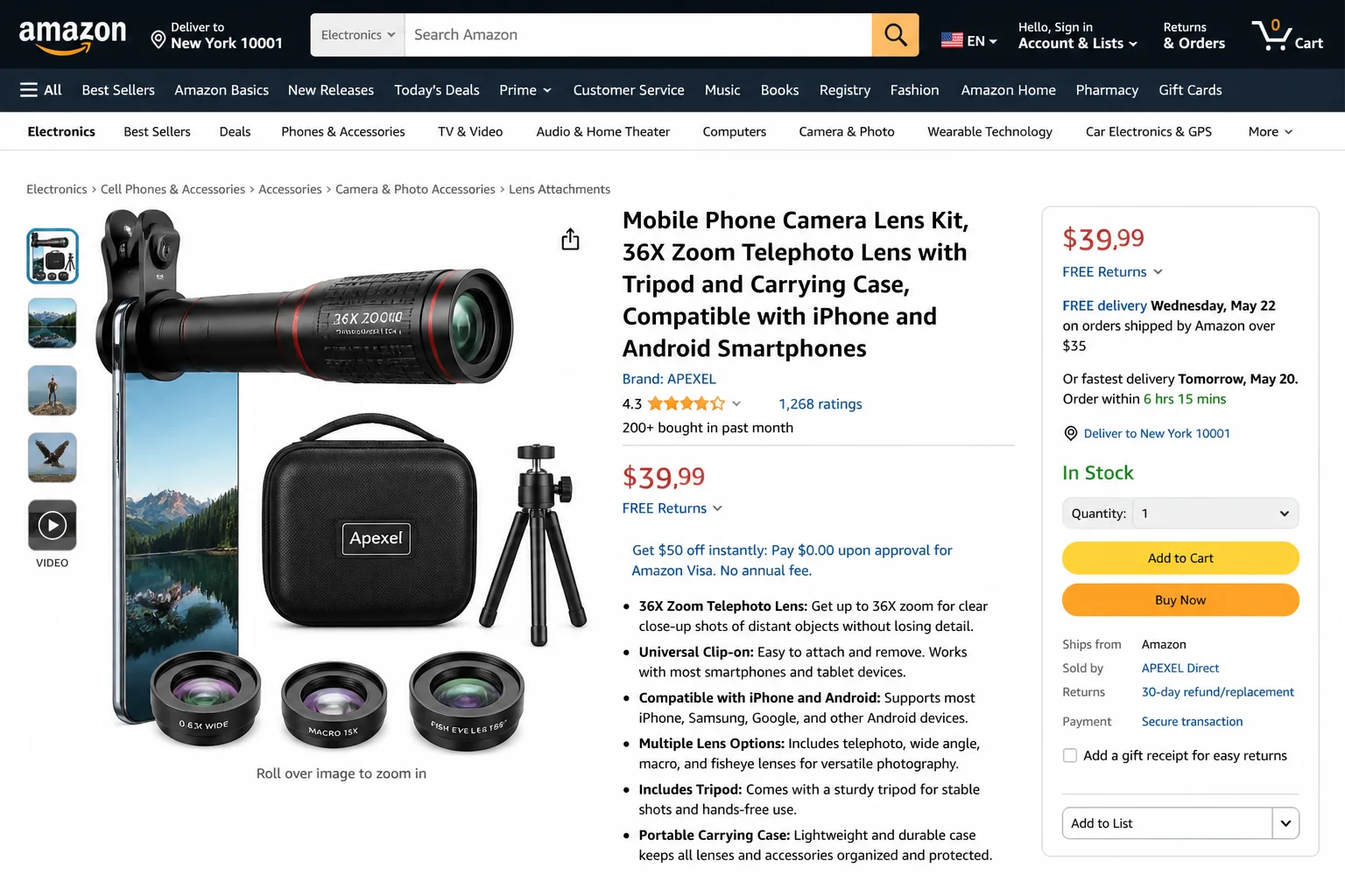 Clip-on telephoto lens attached to the back of a smartphone camera module, shown next to its carrying case and other lens options in a small kit