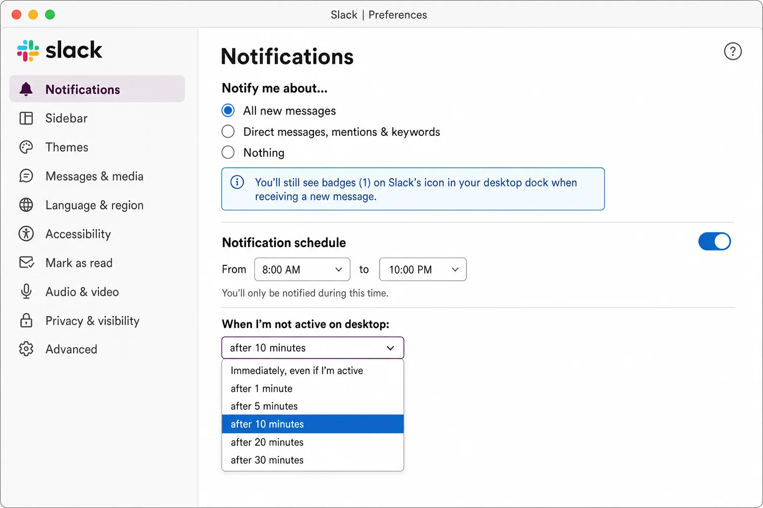 Slack Preferences Notifications panel showing notify me about options, notification schedule settings, and My keywords field