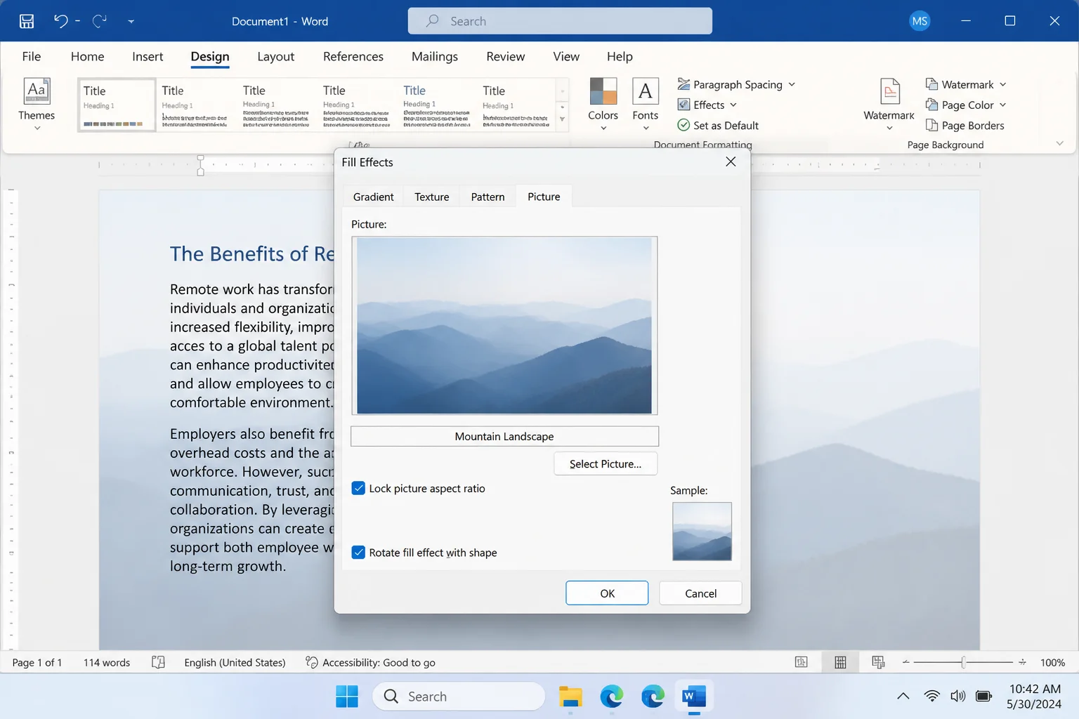 Word Fill Effects dialog open on the Picture tab, with an image selected as the page background and a small preview visible