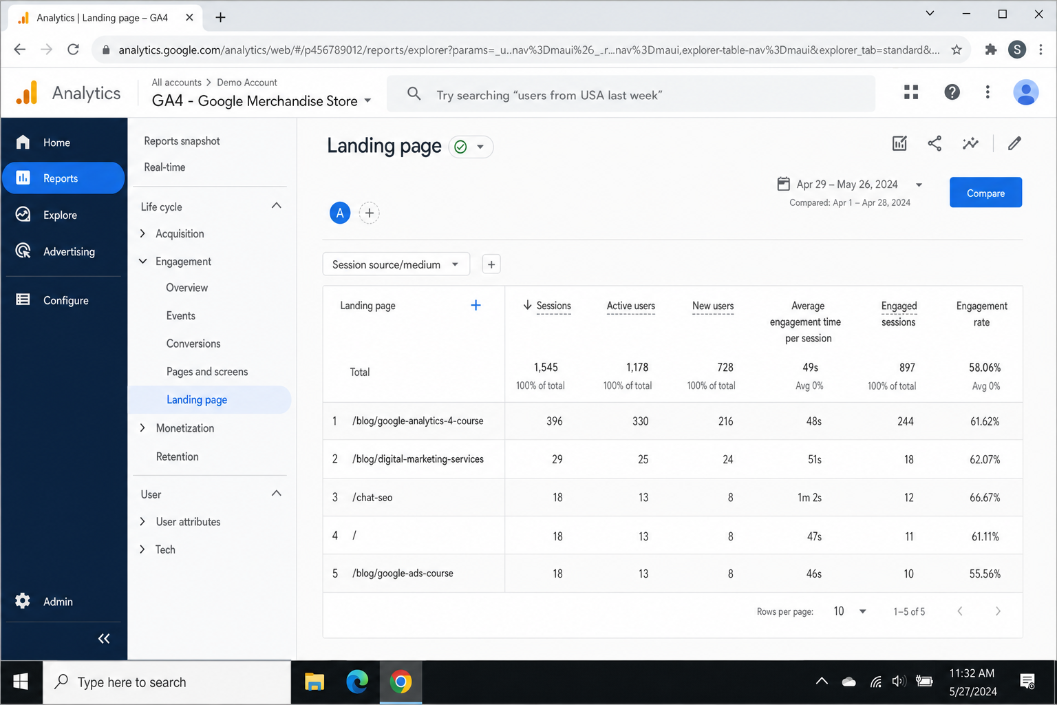 GA4 Landing page report showing top entry pages with sessions, engaged sessions, engagement rate, and key events columns