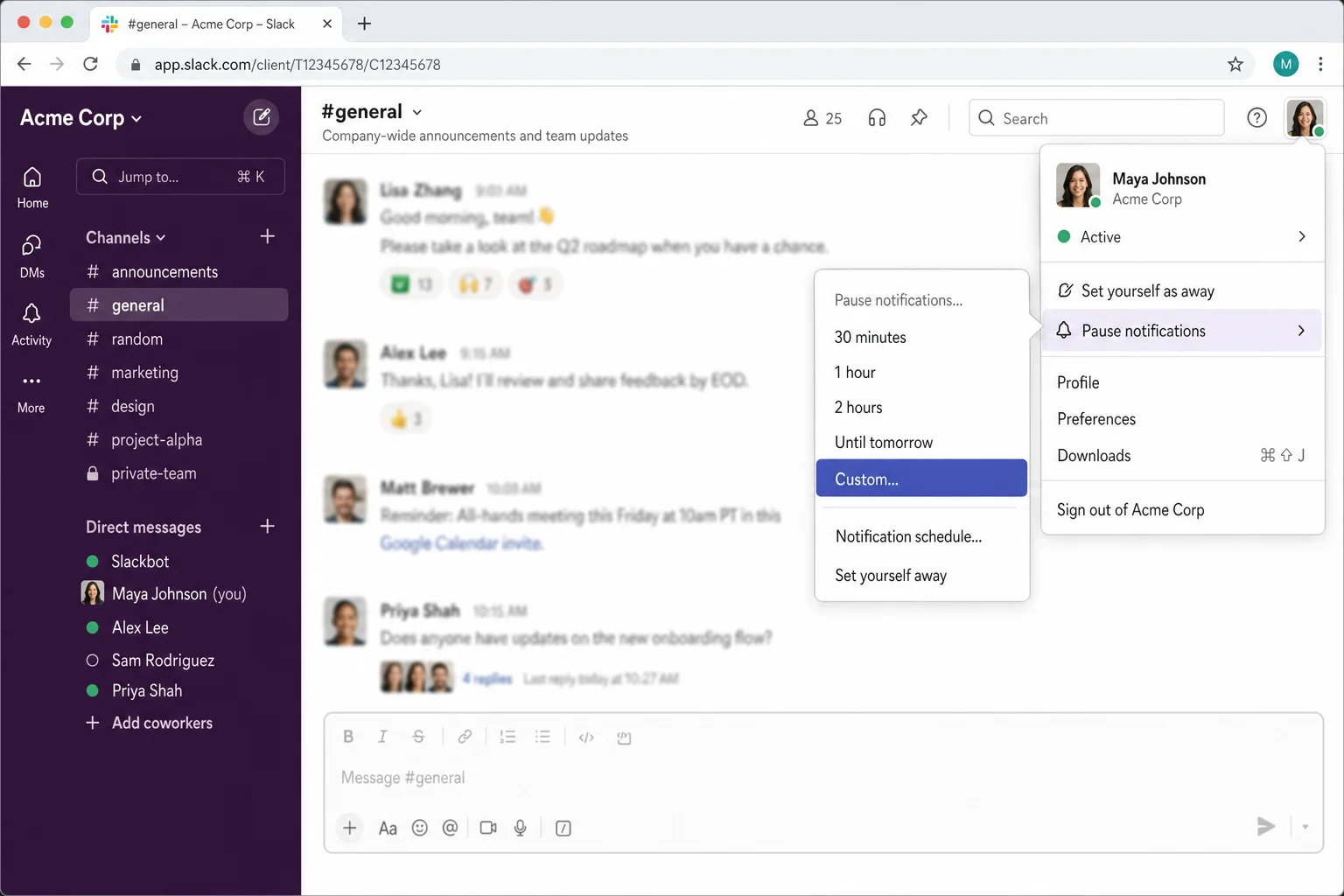Slack profile menu open with Pause notifications submenu showing duration options including 30 minutes, 1 hour, and Until