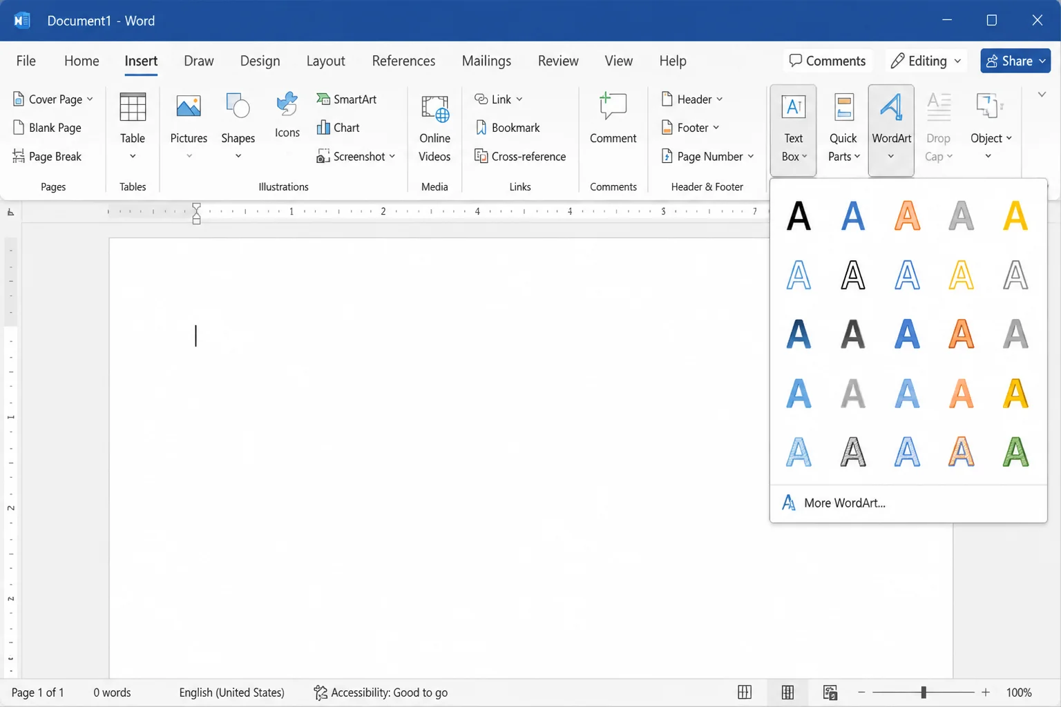 Word Insert tab showing the Text Box button and WordArt gallery options in the Text group