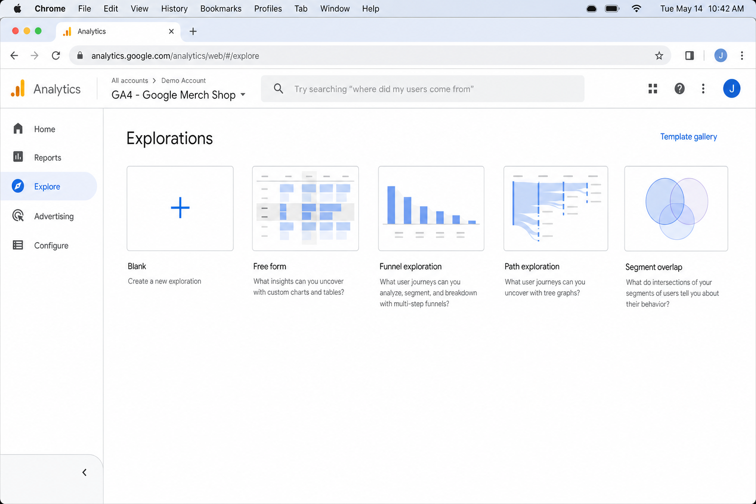 GA4 Explore section showing the template gallery including Path exploration, Funnel exploration, Segment overlap, and Free form options