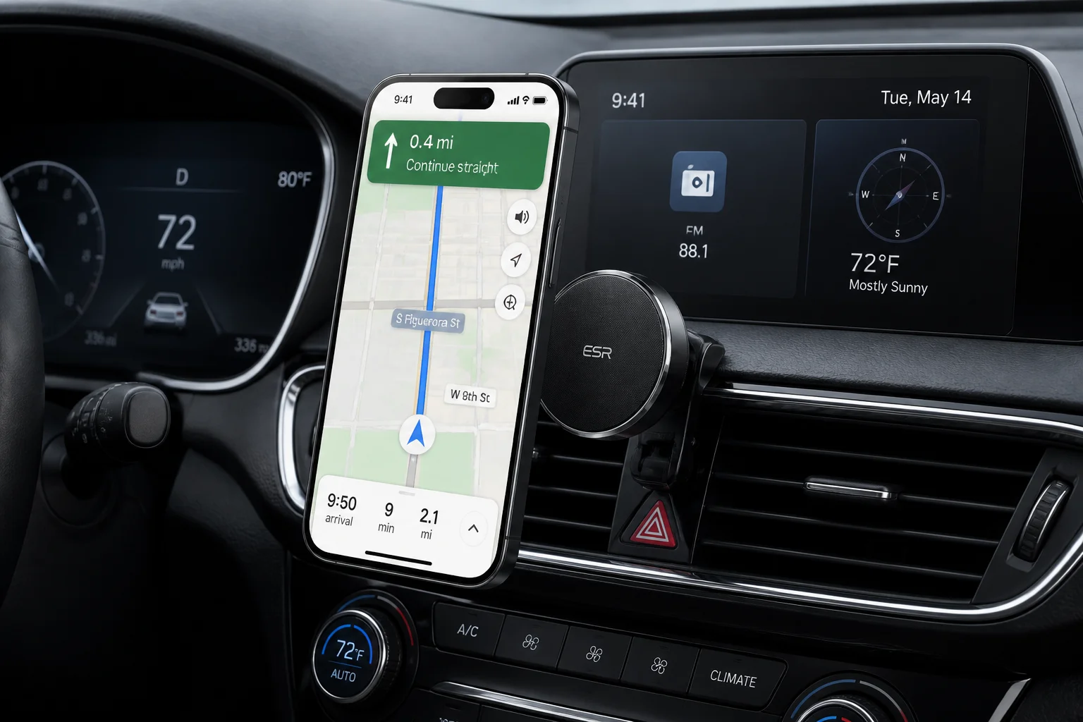 MagSafe magnetic car mount attached to a car dashboard vent, holding a smartphone displaying a navigation app, with the magnetic connection clearly visible