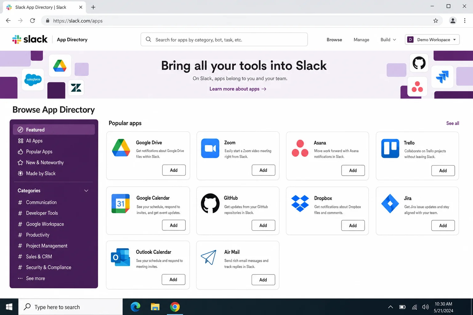 Slack Apps directory page showing popular integrations including Google Drive, Zoom, and Asana with Add buttons
