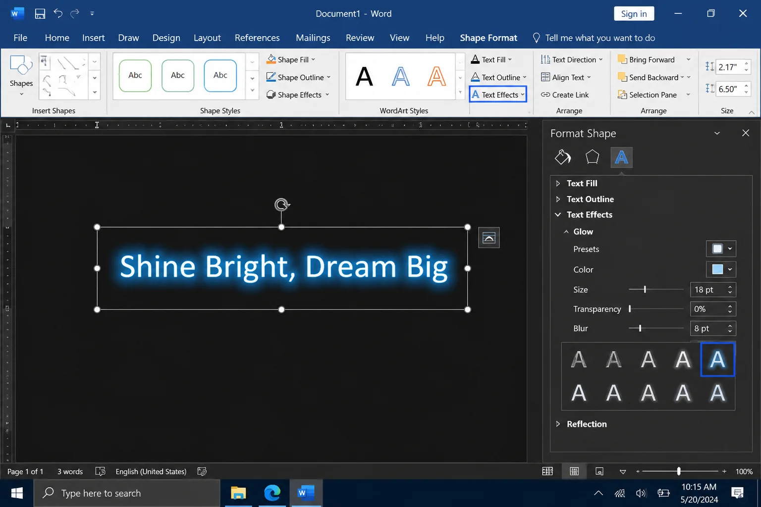 Word Format Shape sidebar open on the Text Effects section, showing a glow effect applied to text inside a text box on a