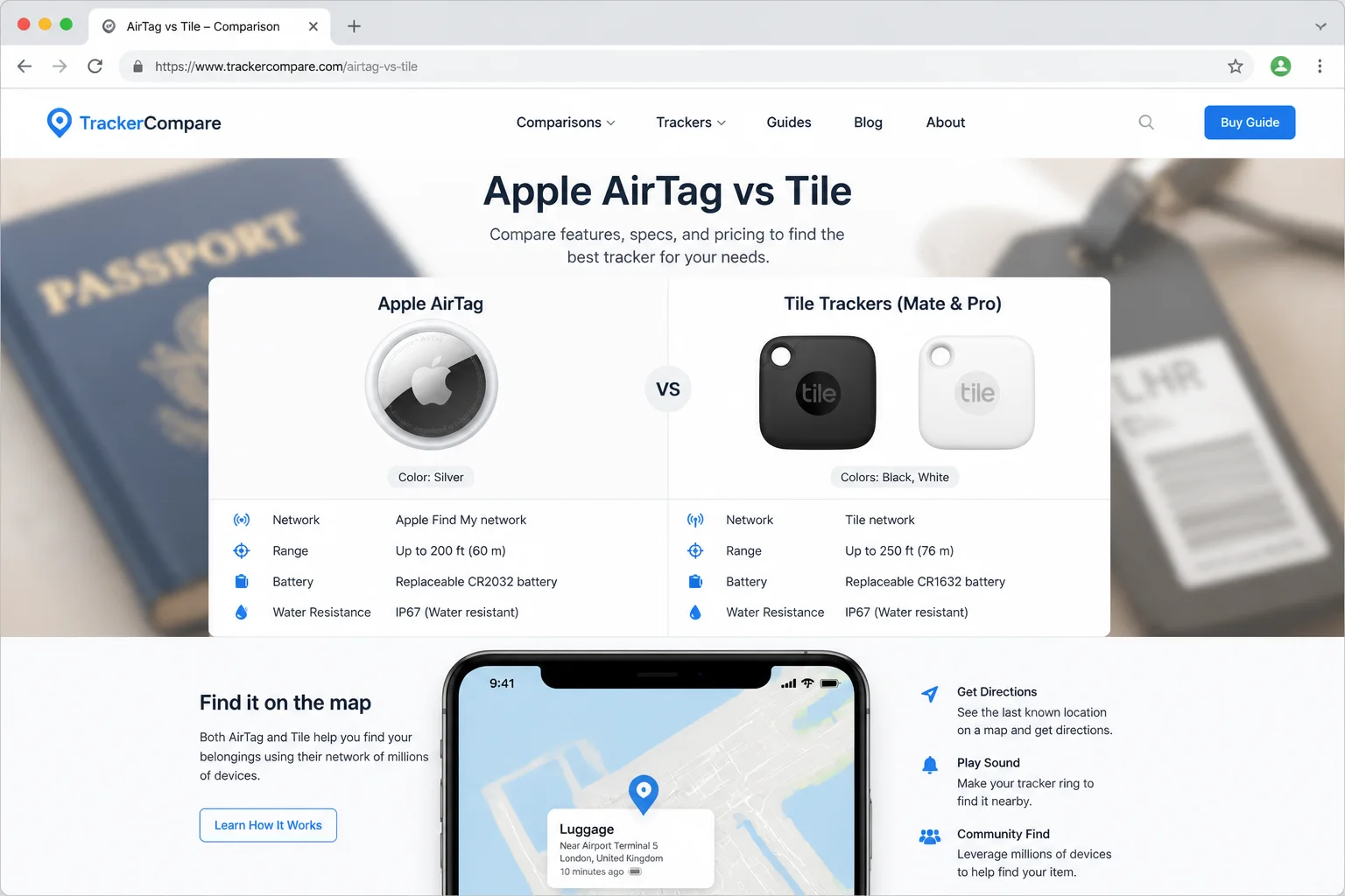 Apple AirTag and Tile tracker shown side by side next to a passport and luggage tag, with a smartphone displaying a location tracking map in the background