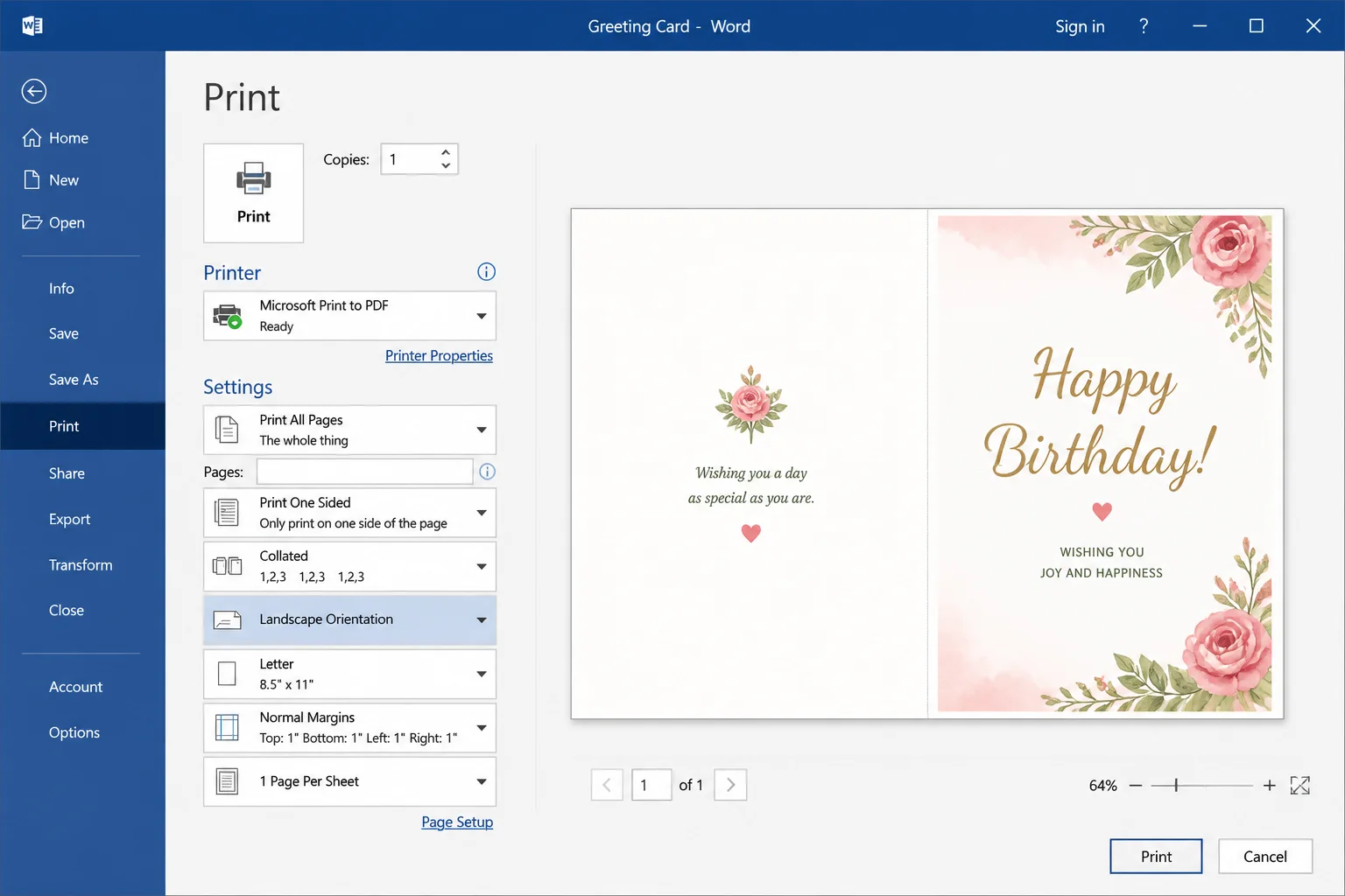 Word File > Print screen showing a print preview of a landscape-oriented greeting card, with paper size and orientation