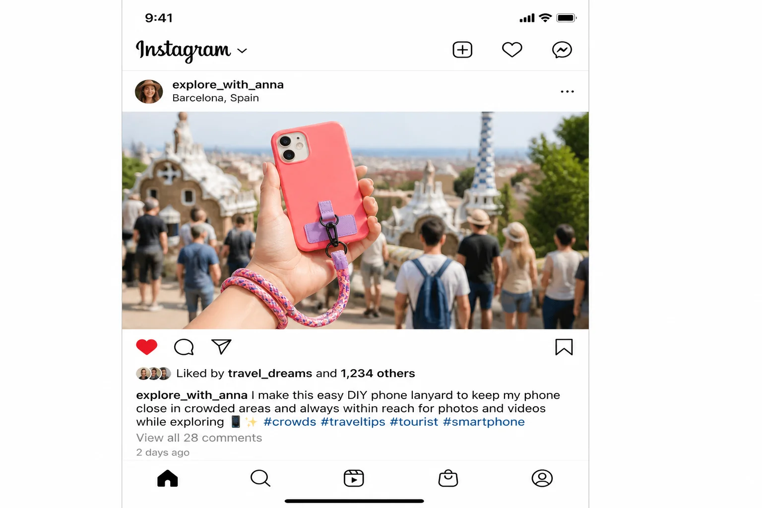 Colorful phone strap/loop attached to a smartphone case, shown wrapped around a person's wrist while they hold their phone in a busy outdoor setting