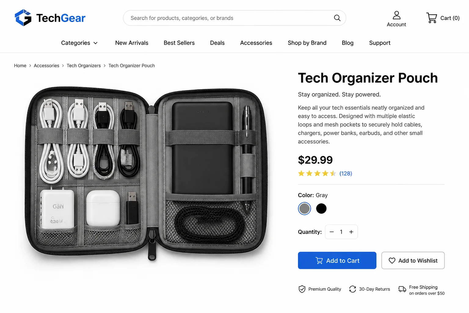 Open tech organizer pouch showing neatly arranged charging cables, power bank, GaN charger, earbuds case, and small accessories in elastic loops and mesh pockets, laid flat