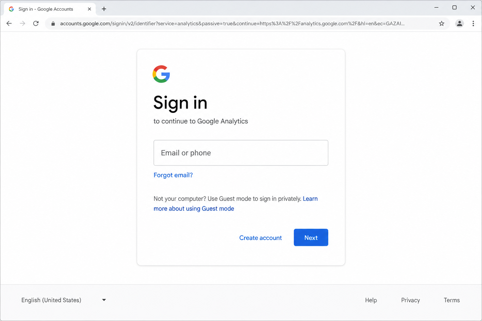 Google Analytics login page at analytics.google.com