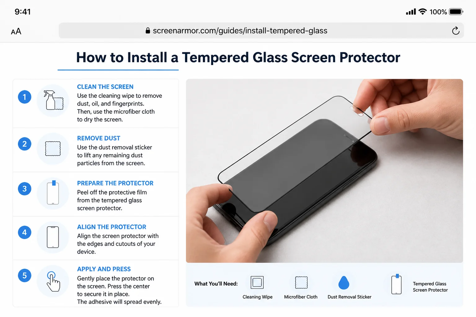 Tempered glass screen protector being applied to a smartphone screen, showing the protective glass layer and packaging