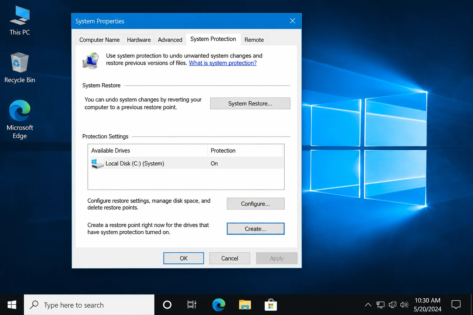 System Properties > System Protection tab with the Create button highlighted at the bottom