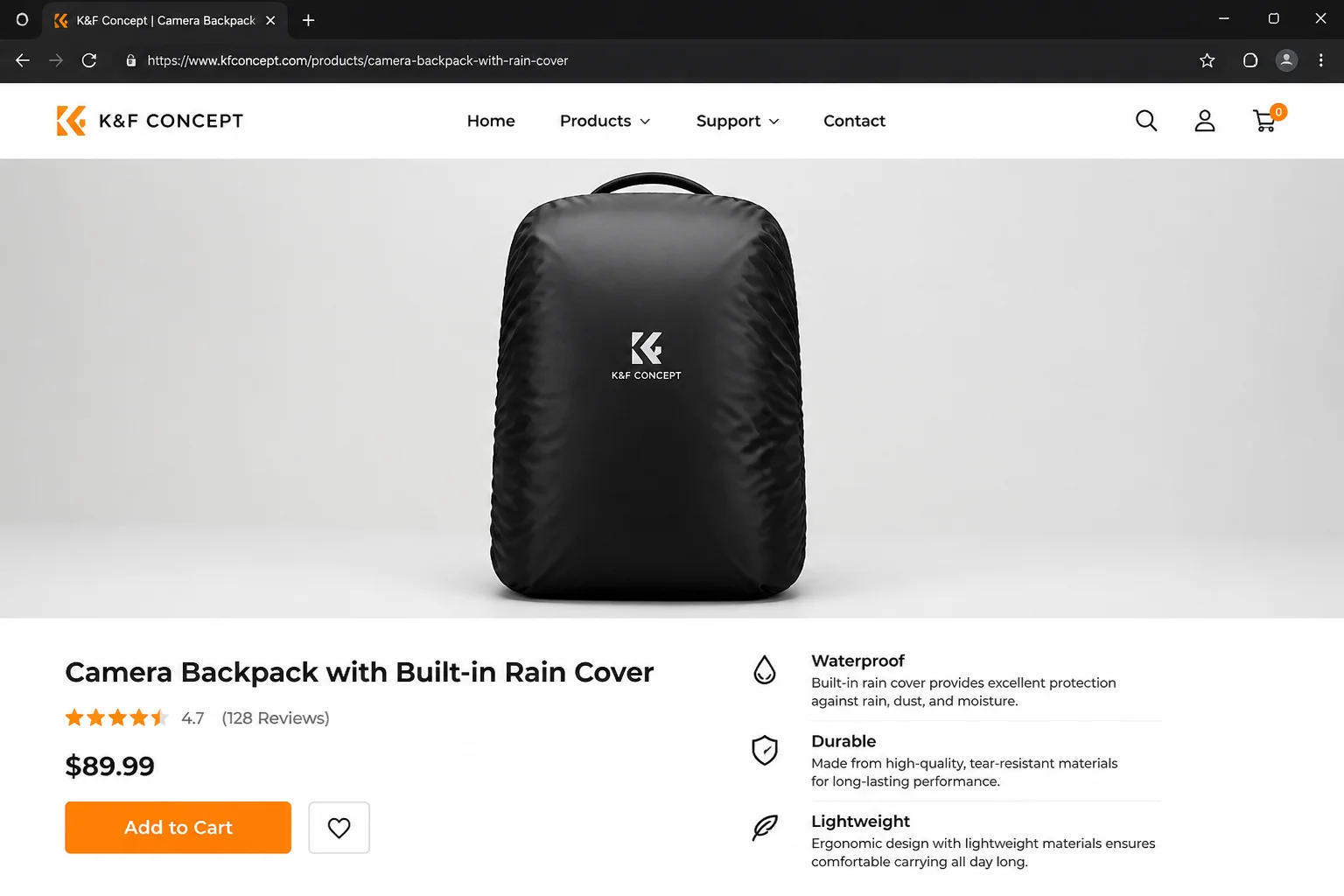 A camera backpack with the built-in rain cover pulled out and deployed over the bag exterior, showing how the cover fits
