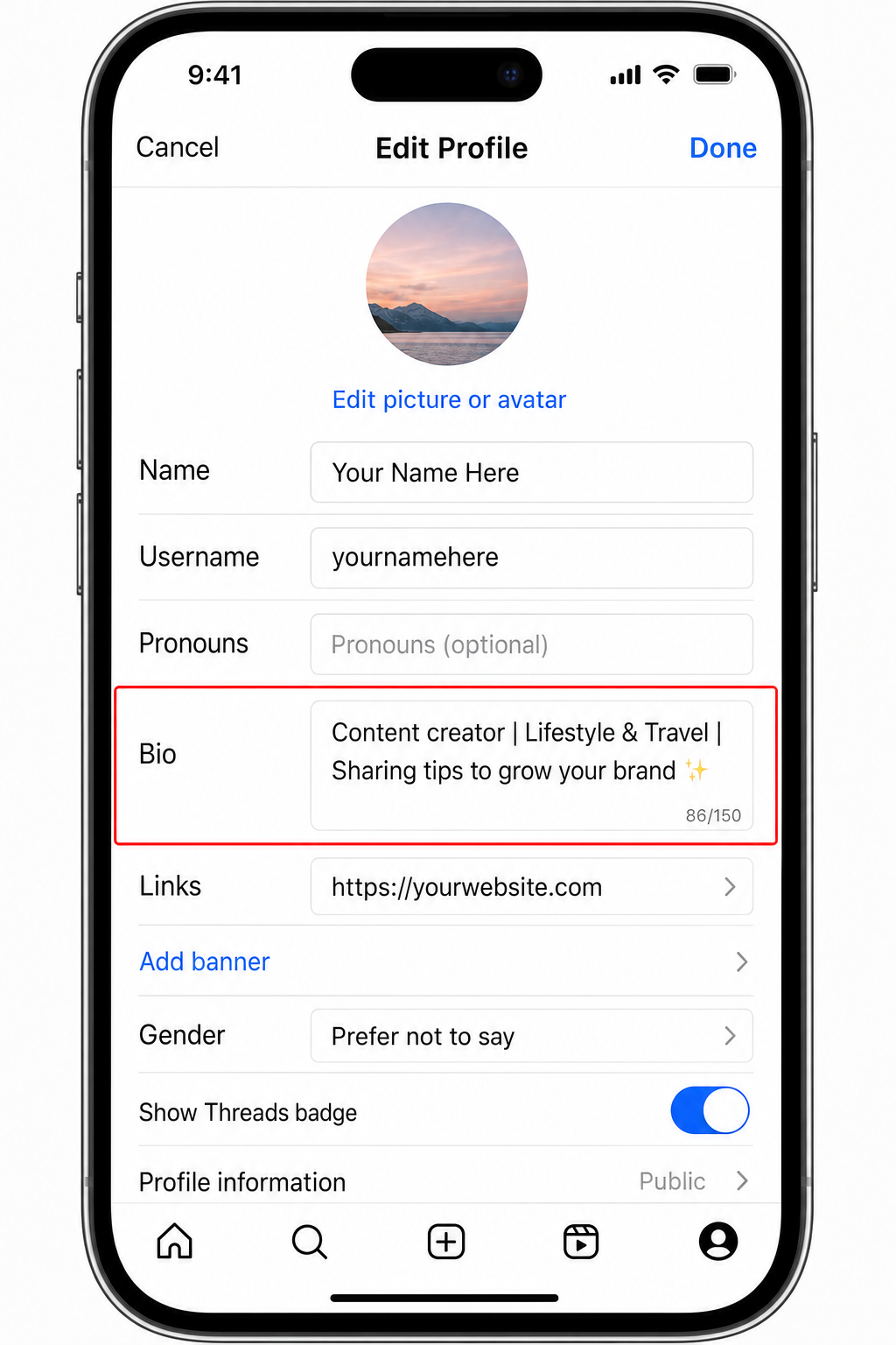 Instagram profile Edit Profile screen showing the bio field, name field, and links section