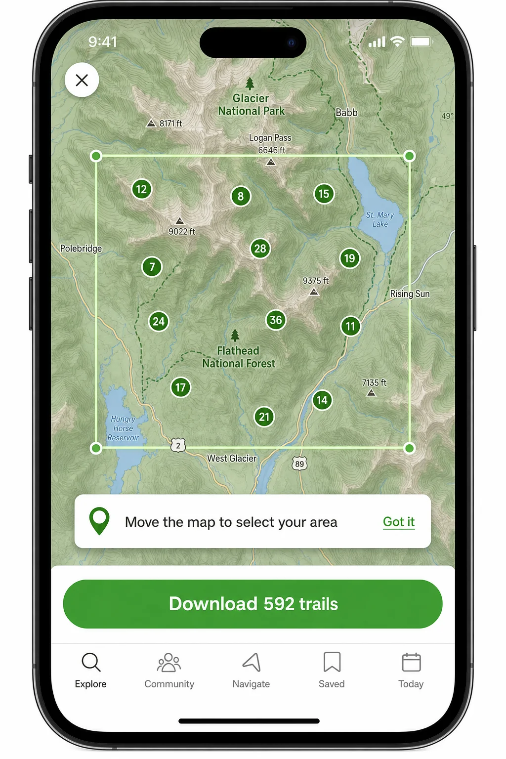 AllTrails trail detail page with Download button highlighted and map bounding box visible