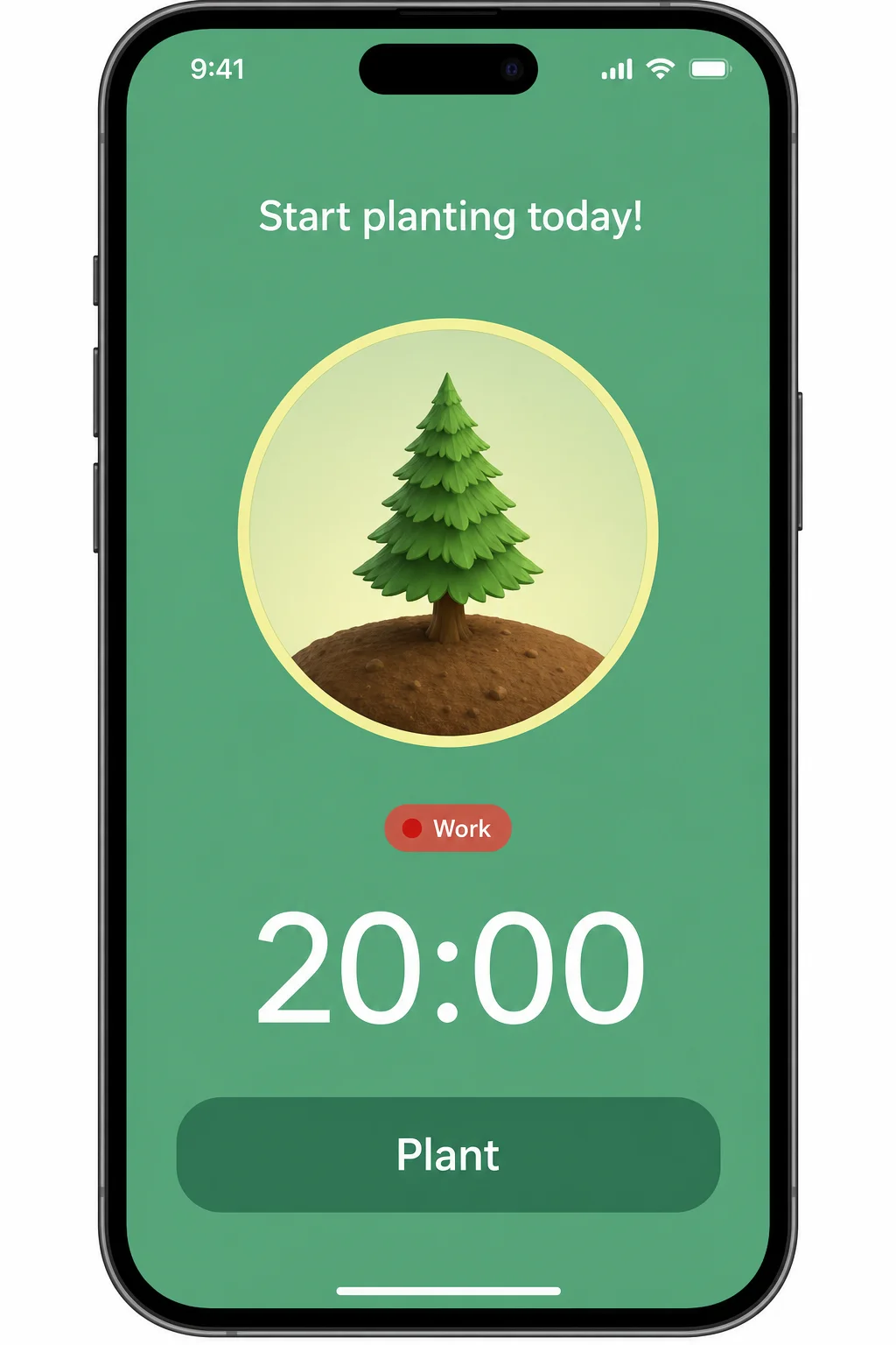 Forest app home screen showing a growing virtual tree with a study timer active
